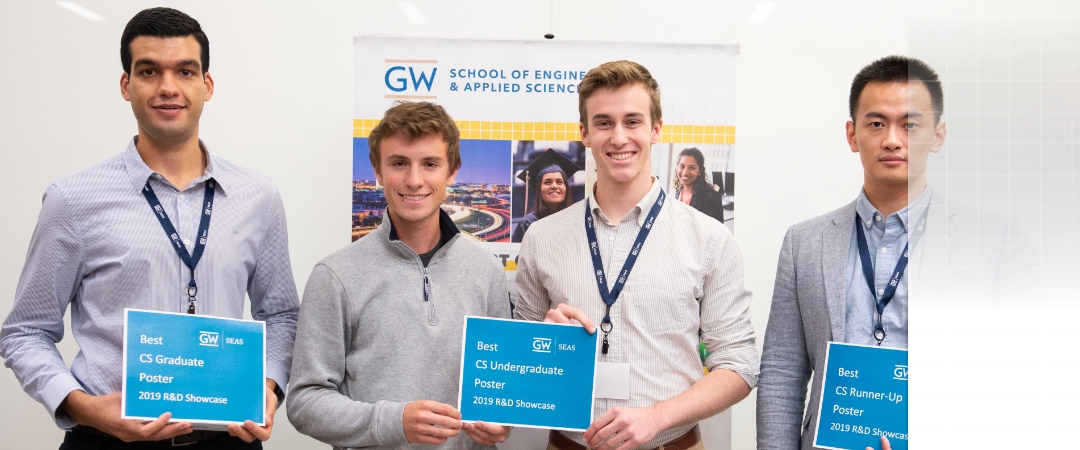 4 students standing with awards. Best CS Graduate Poster winner, Best CS Undergraduate poster winners (2) and Best CS Runner-up poster