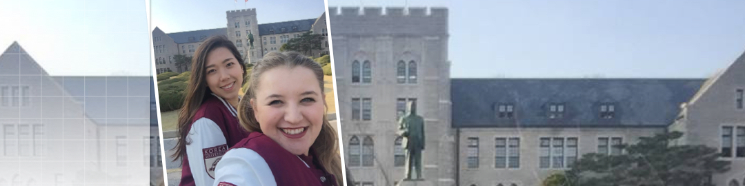 two students posing in front of korea university