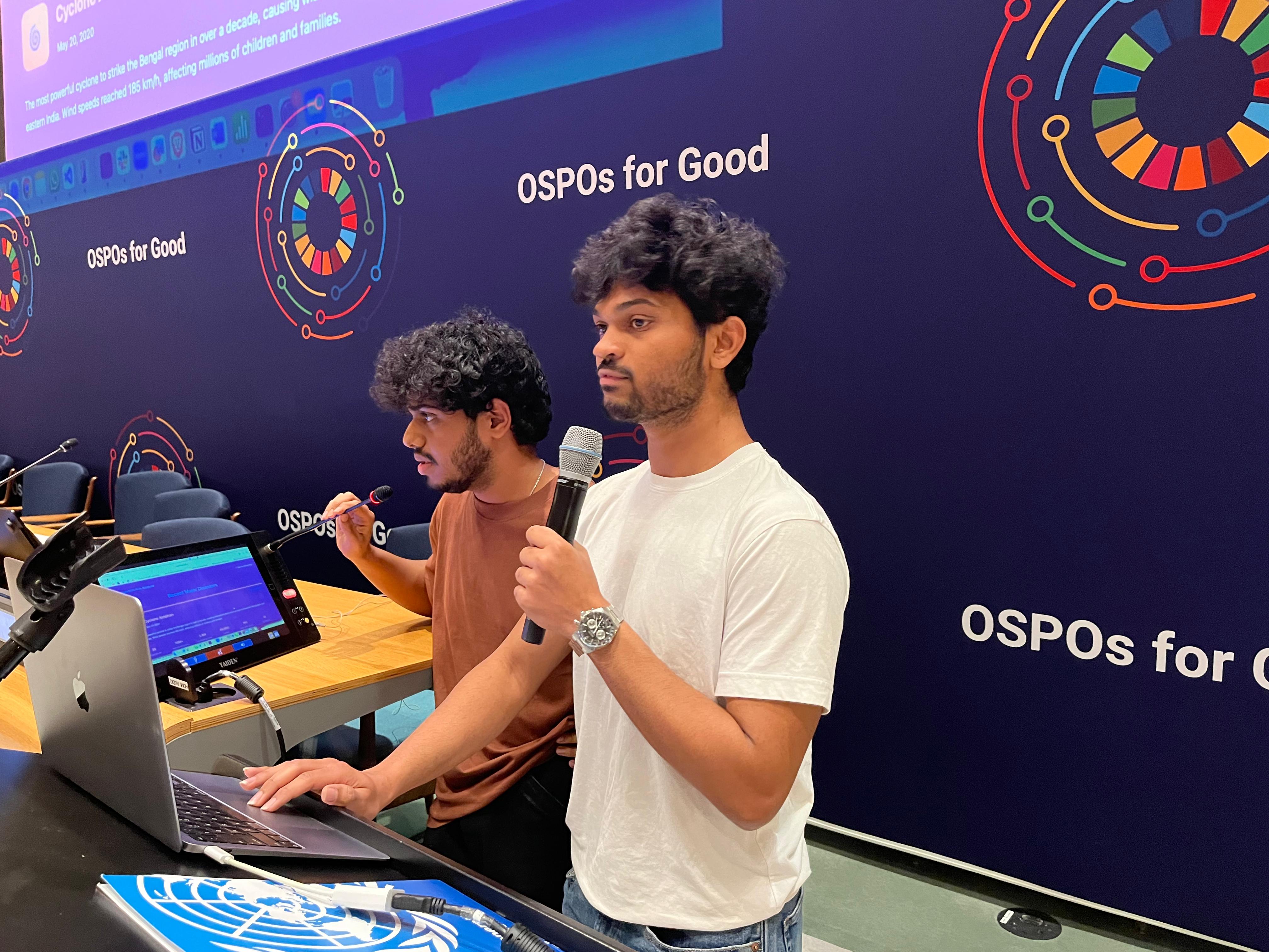 Dhairya Shah and Anket Patil presenting at UN Techover