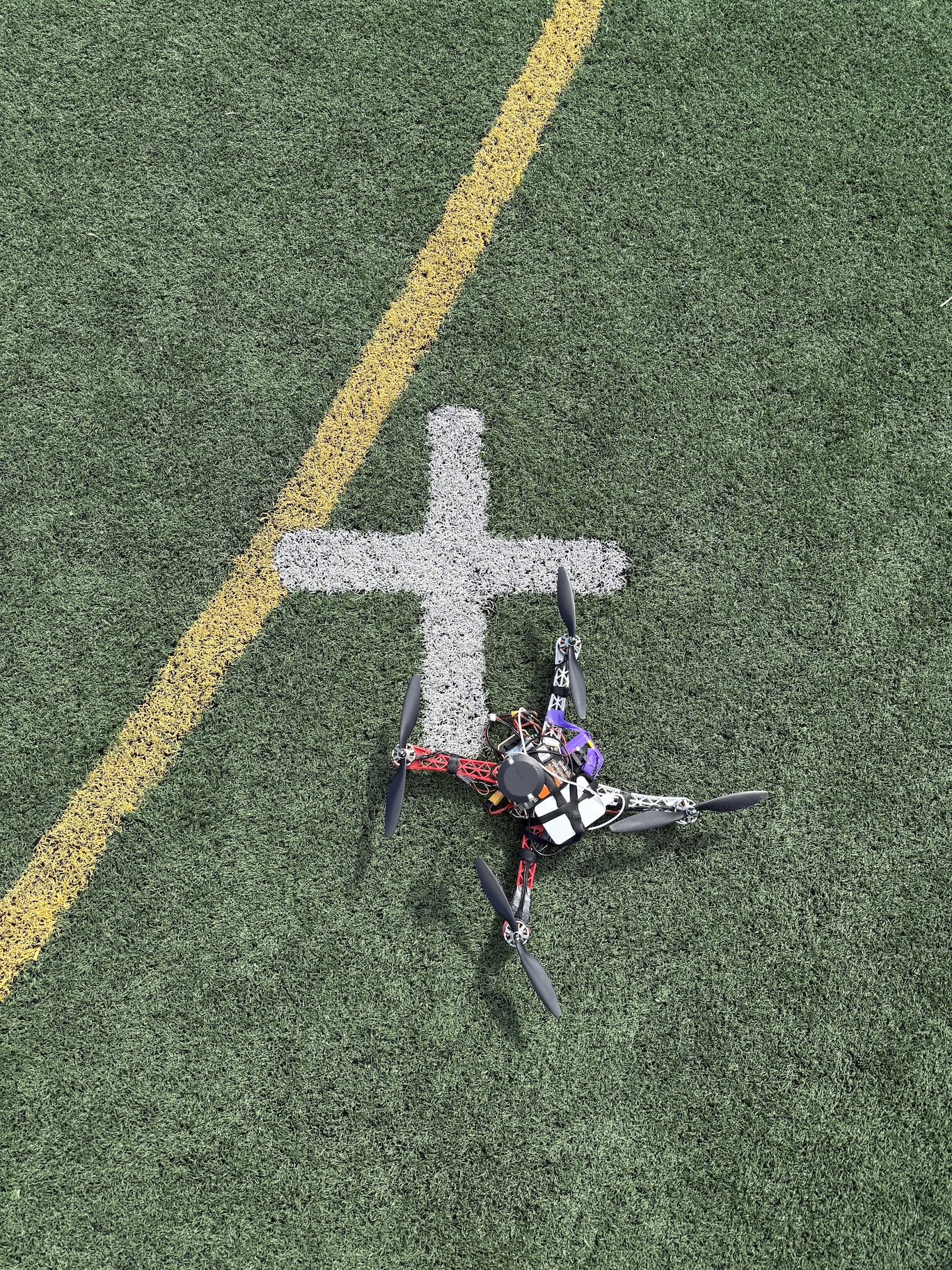The team’s scout drone, pictured on a soccer field. The team’s scout drone, pictured on a soccer field.